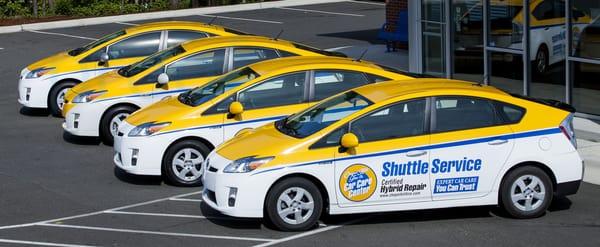 We are celebrating being the first independent repair shop in the Triangle by providing a fleet of Prius shuttles.