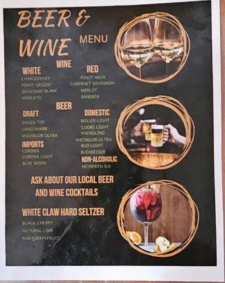 Beer and wine menu