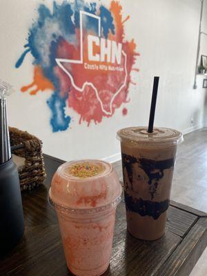 Strawberry Cheesecake shake and iced chocolate mocha protein coffee