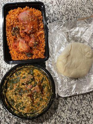 Okro Soup with Fufu Jollof Rice and Chicken