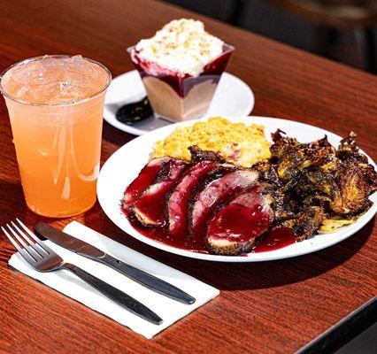 Huckleberry Pork Tenderloin with Crispy Fried Brussels Sprouts, Funeral Potatoes, Huckleberry Chocolate Mousse, and Huckleberry Lemonade