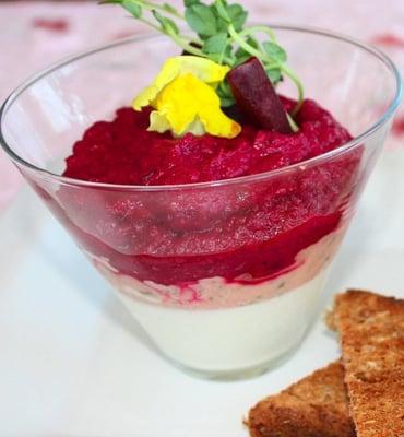 Beet purée on goat and yogurt cheese mousse