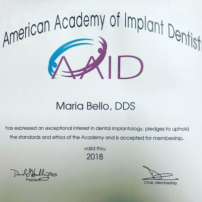 Dr Bello is active member of the Academy of Implant Dentistry.