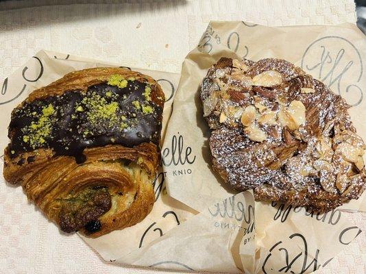 Pistachio chocolate croissant ($7) and almond croissant $5.50) not flaky, but still delicious.