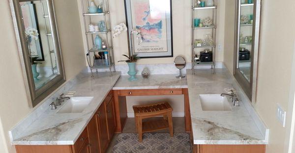 Marble Vanity tops with powder desk top and under mounted sinks.