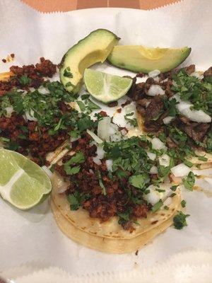 Tacos with beef and chorizo.