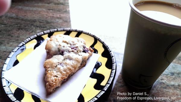 Mixed berry scone and Grande fresh brewed coffee.