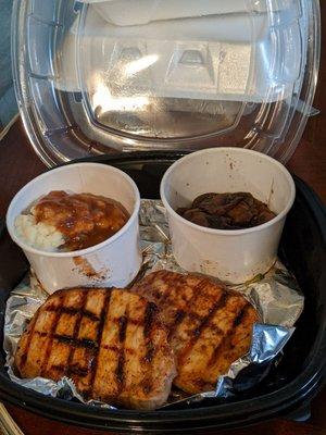 Grilled Pork Chops, $14.99 prior to tax. Sides chosen shown with mashed potatoes and gravy, sauteed mushrooms