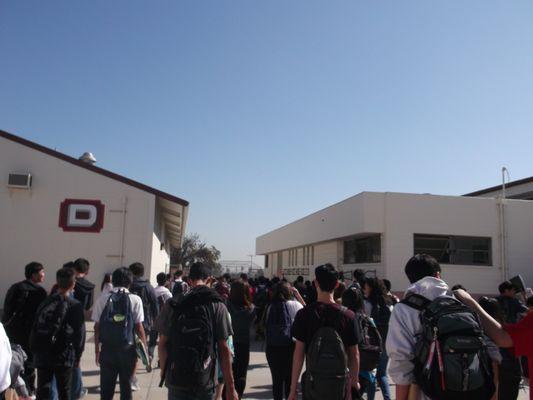 students hearding to an assembly