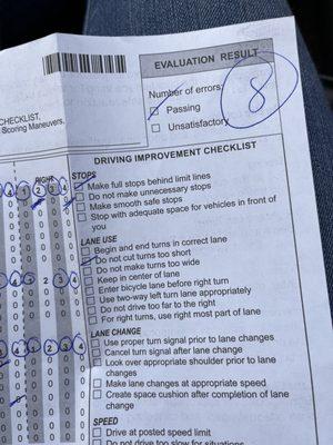 Driving Test Score Sheet