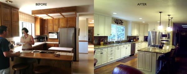 Before and after photo of full kitchen remodel, which involved taking walls out also.