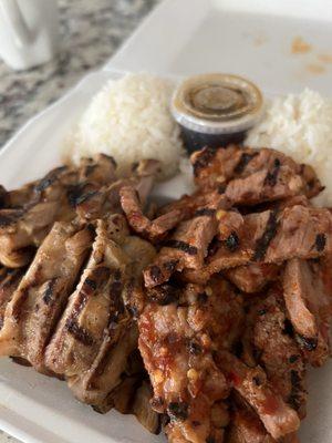 Chicken teriyaki and spicy pork