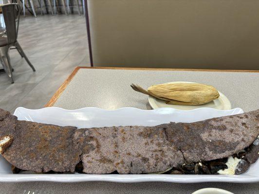 Blue corn quesadilla, loaded with stretchy cheese and mushrooms. Vegetable tamale wrapped in corn husk. Got mole sauce on the side.