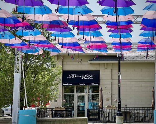 Entrance with umbrella art installation