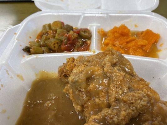 Fried Chicken with gravy, Sweet Potatoes and Tomato n Okra