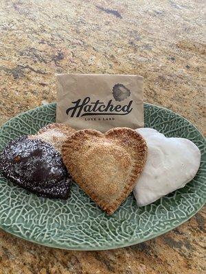 3 hand pies: chocolate cherry, fig raspberry, lemon blueberry