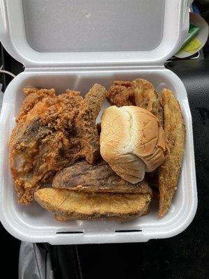 "Chicken snack". Two pieces of chicken and potato wedges.