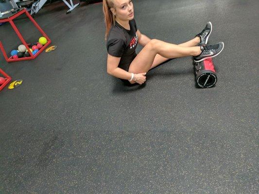 Gymnastics  collegiate Pac-12 daily Foam roll user. Using  Muscle Flossing Technique.