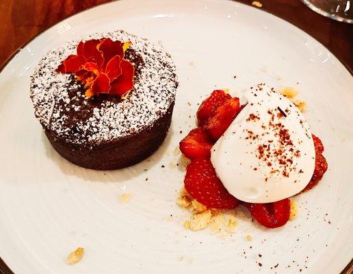 chocolate clafoutis w/ berry compote and chantilly cream