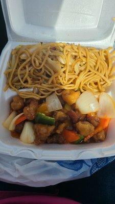 Sweet and sour pork lunch special with chow mein