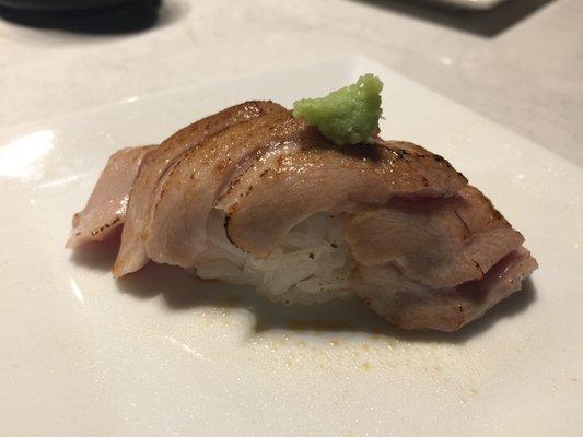 Seared O-toro (fatty tuna) w/a touch of wasabi. Such oily melt in your mouth goodness!