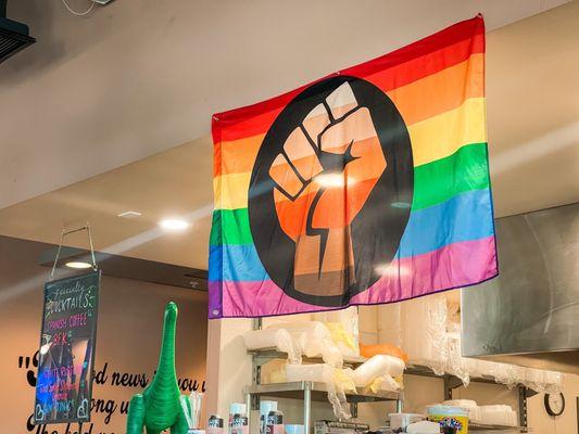 An inclusive rainbow flag with the raised fist symbol!