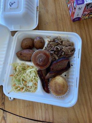 Brisket and pork, potatoes and coleslaw +cornbread