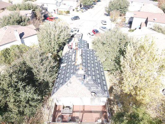 Full roof replacement progress photo with the drone.