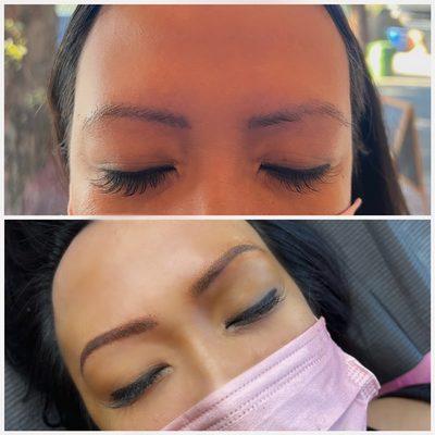 Before and after client had a old microblading procedure cover up with ombré powder brows