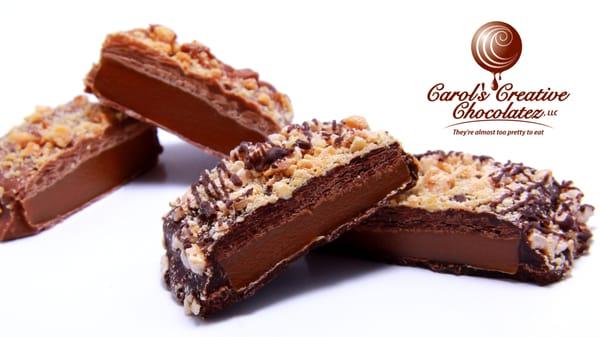 Caramel covered in dark chocolate and nuts