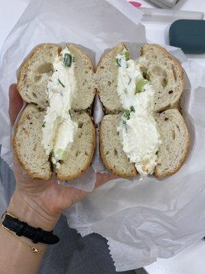 Everything bagel with scallion cream cheese. Definitely not light