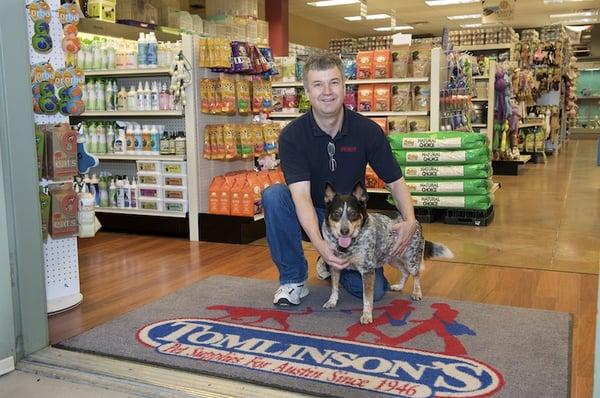 Store manager, Brad, with his pup, Bilbo.