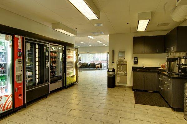 Service building vending machines and refreshment area