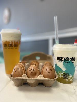 Mango Fruit Tea + milk foam, chocolate smiley egg waffles , Blue Crystal (Coconut Milk) + mango popping boba