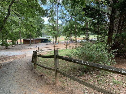 Path to the swings, water fountain and bathrooms