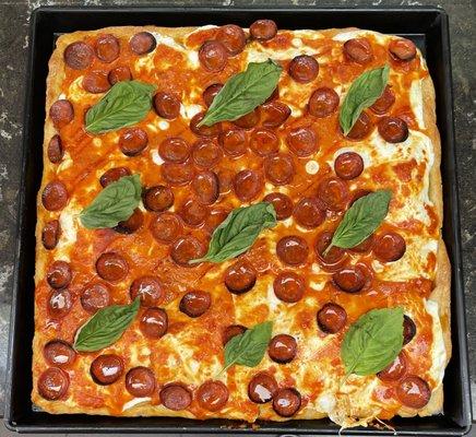 Spicy vodka pepperoni square pie.