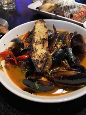 Mussels sautéed with peppers, onions & chorizo lardons in a Spanish saffron broth...perfect cold weather combination!