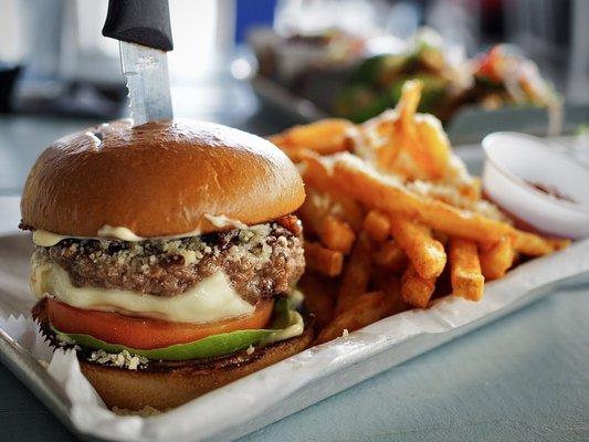 Bone marrow cheese burger with fries fried in duck fat