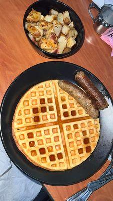 Waffles, turkey sausage,  potatoes