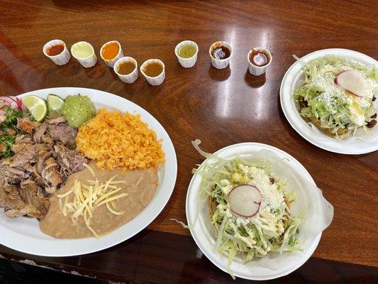 Sopes and carne asada combination plate.