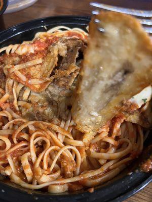 Most disappointing eggplant 'parm' just a pile of eggplant slices on top pasta no layers of cheese/sauce just some dumped on top