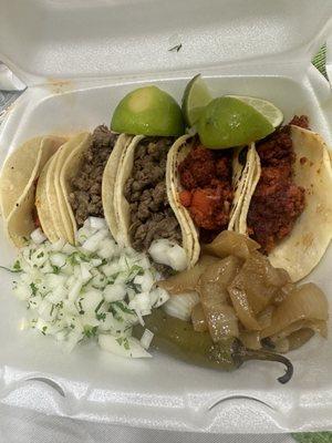 Beef fajita and chorizo tacos