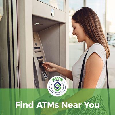 "Find ATMs near you", woman at atm machine.