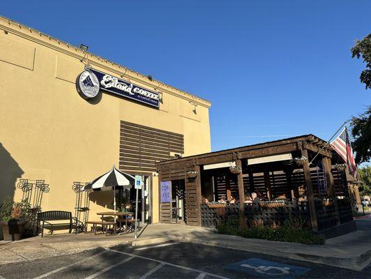 Cute outdoor covered patio seating outside the restaurant.