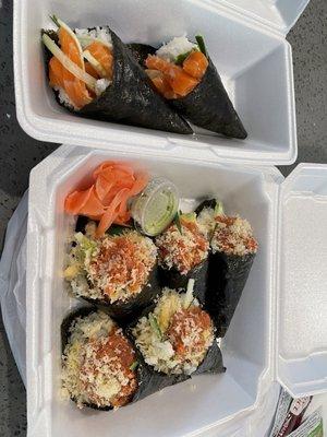 Spicy tuna handrolls with crunchies are now $2.99 and salmon avocado is $3.99. Still a bargain!