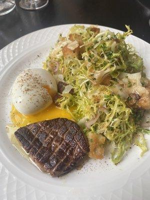 Salade Lyonnaise with soft boiled egg pans foie gras (seared)