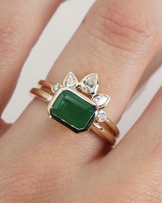 Custom Emerald bezel ring with Diamond band.