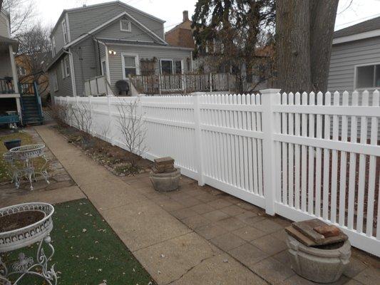 My neighbor and I needed to replace the existing wood fence. Rustic Fences put up this great 5ft vinyl picket fence. Great job!!