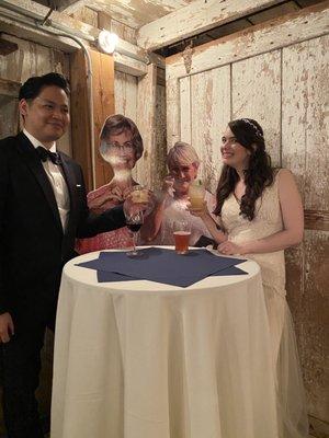 Bride and groom toasting with the Aunts!