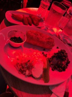 Chimichanga entree and a side of plantains.